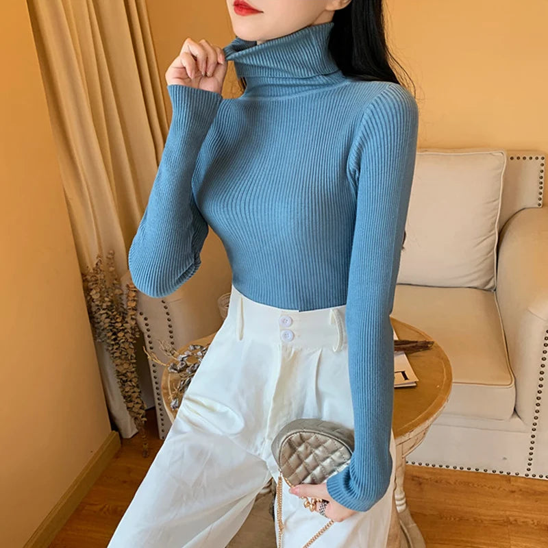 2025 Autumn Winter Women Long Sleeve Knitted Foldover Turtleneck Ribbed Pull Sweater Soft Warm Femme Jumper Pullover Clothes SS69 13.69 One Size / blue