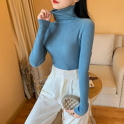 2025 Autumn Winter Women Long Sleeve Knitted Foldover Turtleneck Ribbed Pull Sweater Soft Warm Femme Jumper Pullover Clothes SS69 13.69 One Size / blue