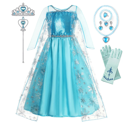 YOFEEL Girls Snow Queen Elsa Costume Mid-Calf Ball Gown for Party