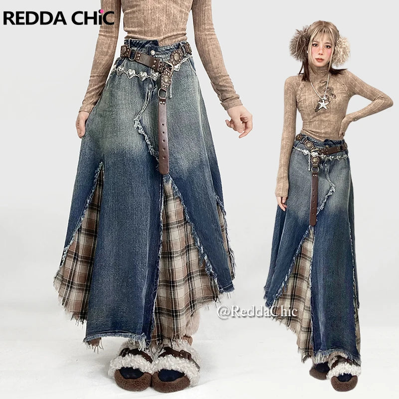 REDDACHiC Women's Irregular Patchwork Plaid Denim Maxi Skirt, Asymmetrical