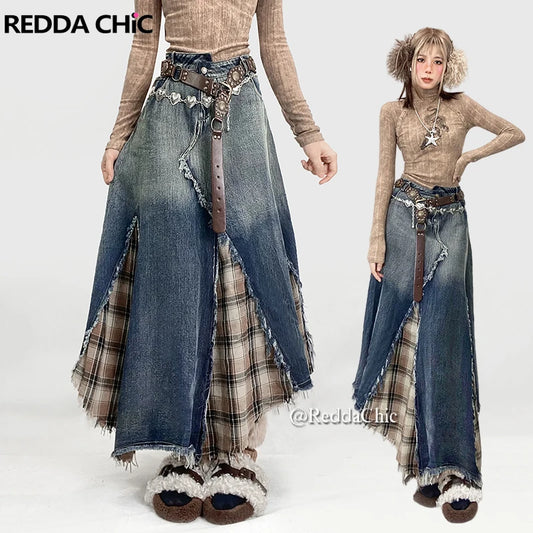REDDACHiC Women's Irregular Patchwork Plaid Denim Maxi Skirt, Asymmetrical
