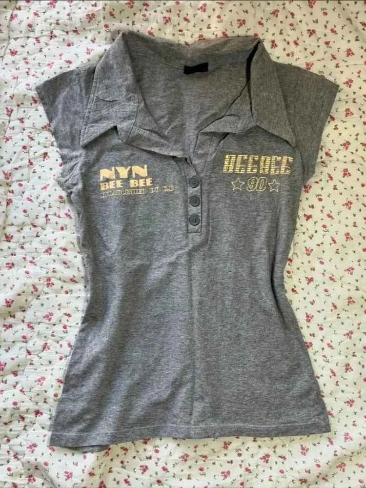 HOUZHOU Y2k Vintage Gray Letter Print Women T-Shirts Japanese 2000s Style Short Sleeve Cropped Tees Slim Streetwear Punk Summer