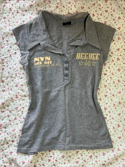 HOUZHOU Y2k Vintage Gray Letter Print Women T-Shirts Japanese 2000s Style Short Sleeve Cropped Tees Slim Streetwear Punk Summer