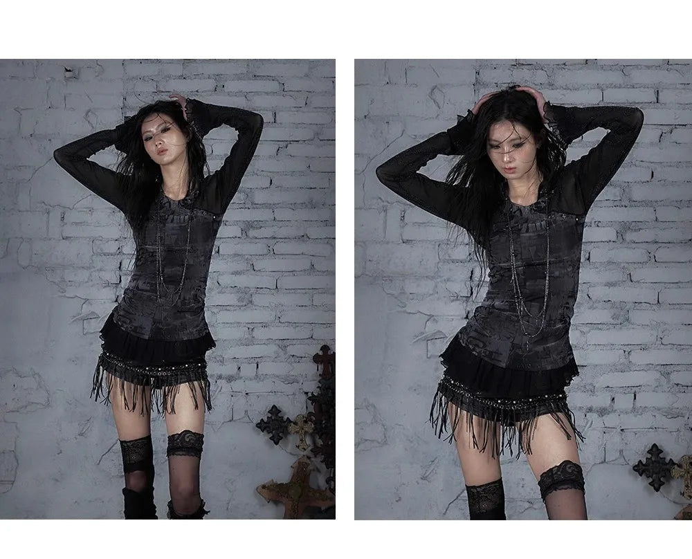 NO ROMANCE Fairy Sexy Punk Printing Half Transparent Lace Patch Knitted Long Sleeve Hooded Dresses Rock Gothic Design Vestidos SS69