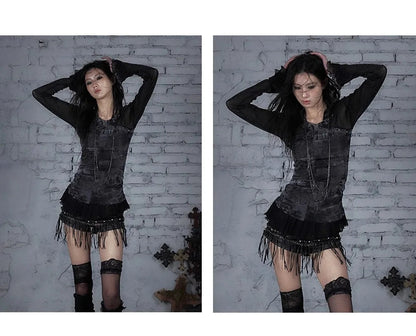 NO ROMANCE Fairy Sexy Punk Printing Half Transparent Lace Patch Knitted Long Sleeve Hooded Dresses Rock Gothic Design Vestidos SS69