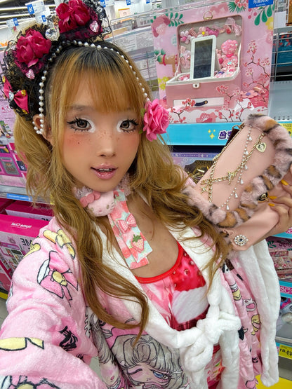 SS69 Lolita Lace Bow Hairpin with Pearl Chain and Floral Accents