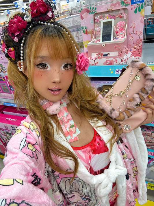 SS69 Lolita Lace Bow Hairpin with Pearl Chain and Floral Accents