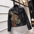 Chic Floral Sequined Embroidery Faux Leather Jacket Short Locomotive PU Coat Diamonds Beaded Turn Down Collar Zippers Streetwear SS69