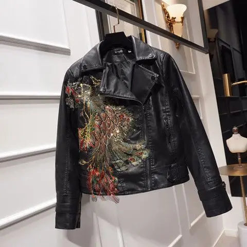 Chic Floral Sequined Embroidery Faux Leather Jacket Short Locomotive PU Coat Diamonds Beaded Turn Down Collar Zippers Streetwear SS69