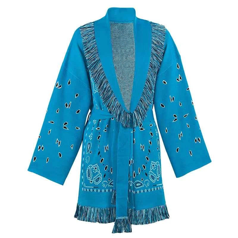Vintage Tassels Print Women's Print Cardigan V-Neck Lace Up Full Sleeve Spliced Sweaters 2025 Autumn Lady All-match Kintwears