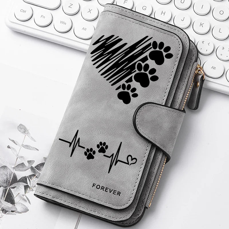 ZeAiLi Long PU Leather Clutch Wallet with Animal Paw & Butterfly Print