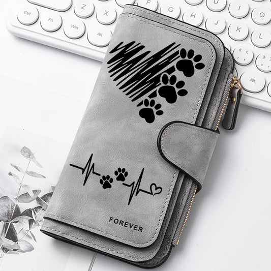ZeAiLi Long PU Leather Clutch Wallet with Animal Paw and Butterfly Print