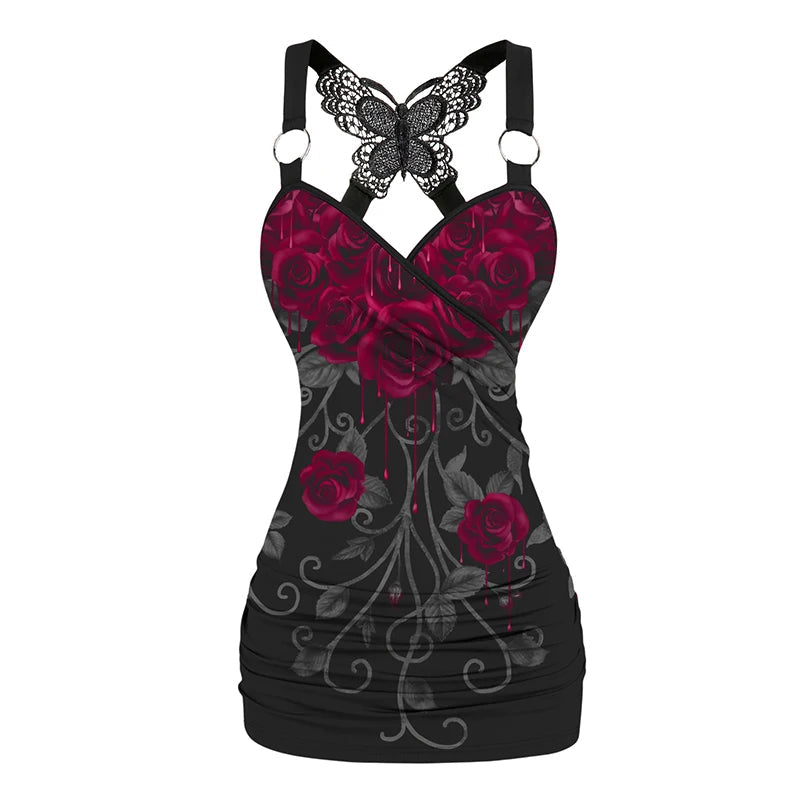 Dressfo 2025 Women's Tank Tops Rose Print Ruched Butterfly Lace Cross Tank Top O Ring Surplice Summer Top SS69
