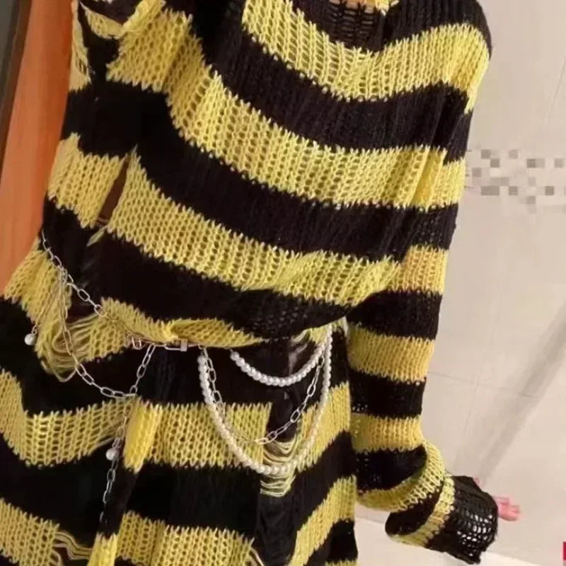 New Women's Punk Gothic Oversized Pullover Sweater Striped Hollow out Cool Harajuku Aesthetics Spring Autumn