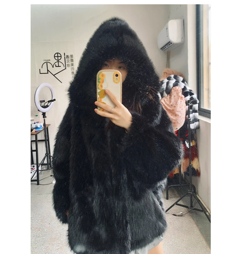Nerazzurri Women's Faux Fur Coat with Hood - Warm & Fluffy