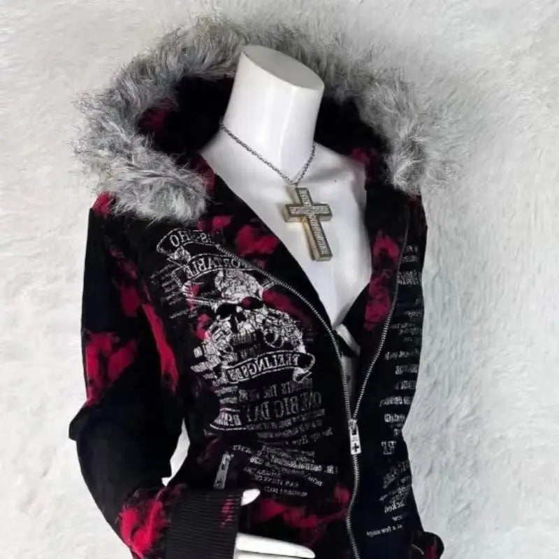 New Gothic geometric print red gradient zipper hoodie women fashion high street fur collar loose sweatshirt for men and women