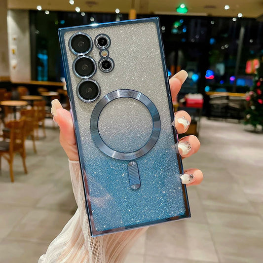 For Magsafe Plating Gradient Glitter Shockproof Phone Case For Samsung S25 S24 S23 S22 S21 S20 Ultra Plus FE Soft Bumper Cover SS69 8.69 For Samsung S24Ultra / Blue