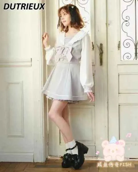 Japanese Style Women's Outfits Sailor Collar Plaid Rhinestone Bow Dress Shorts Set Sweet Lolita Mine Series Dress Two-Piece Suit