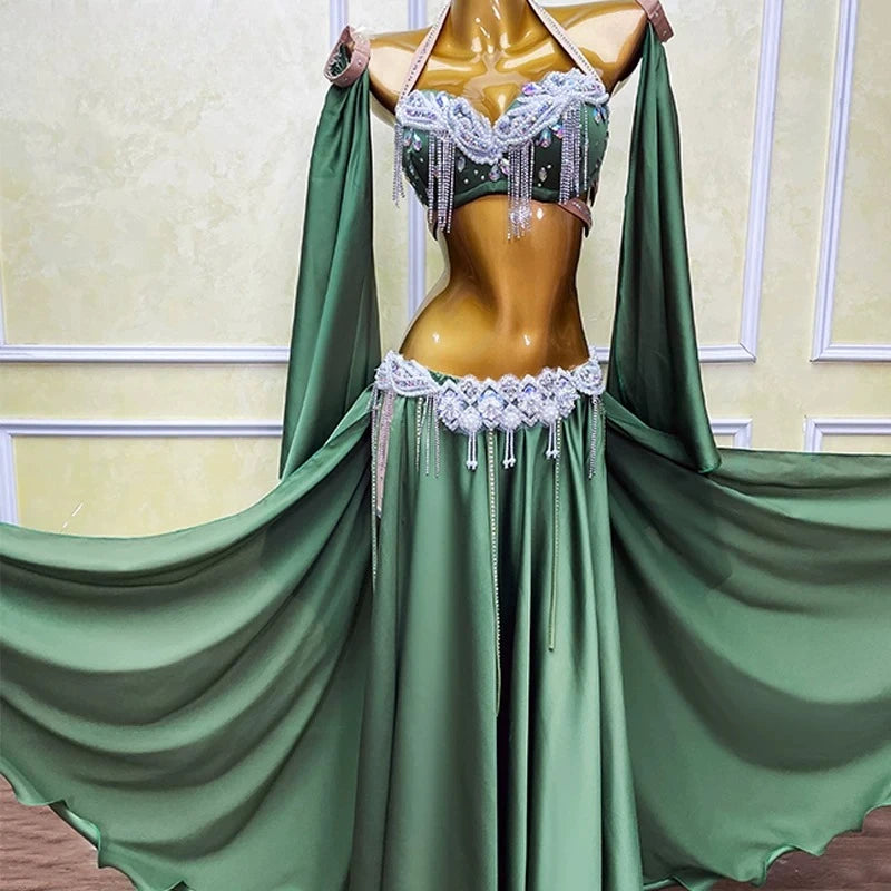Belly Dance Outfit Suit Women's Customized Senior AB Stones Bra+sexy Split Long Skirt 2pcs Oriental Dance Performance Costumes