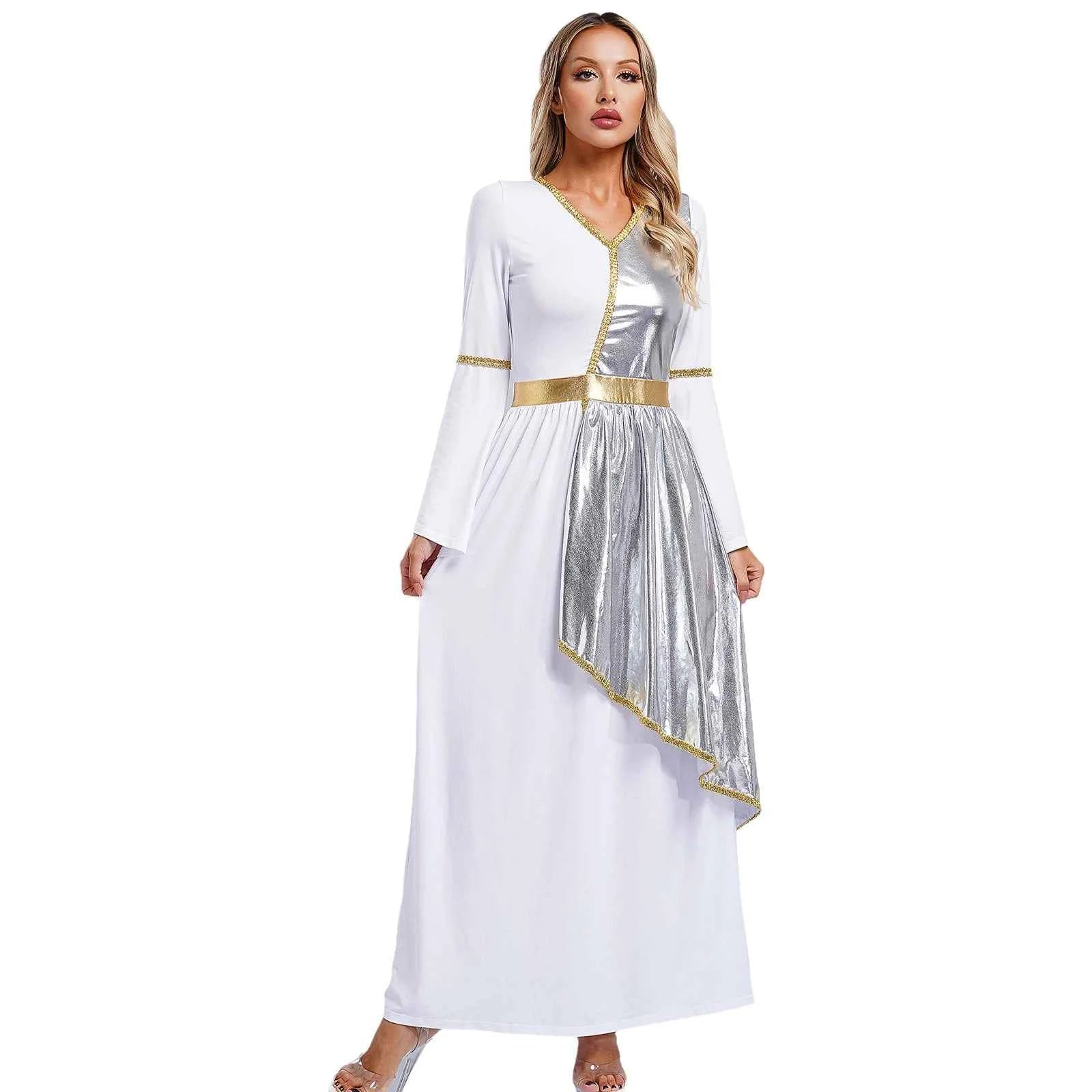 Woman's Greek Aphrodite Nymph Halloween Cosplay Costume Shiny Bell Long Sleeve Maxi Robe Dress Church Choir Prayer Gown