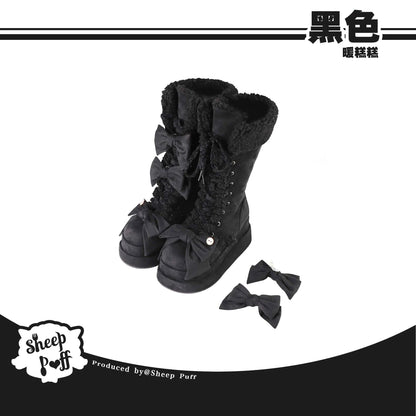 Lolita Winter Calf Boots Original Cute Bow Women's Warm Snow Boots Plush Warm Girl Female Suede Long Fur Boots