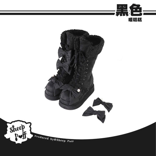 Lolita Winter Calf Boots Original Cute Bow Women's Warm Snow Boots Plush Warm Girl Female Suede Long Fur Boots
