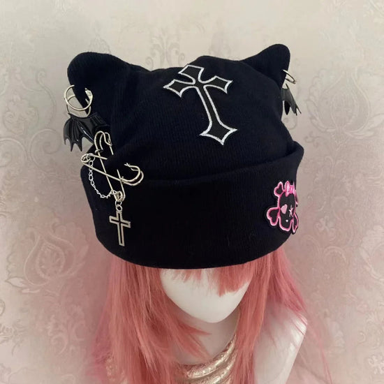 Gothic Punk Cat Ear Hat Cross Skeleton Knitted Black Y2K Girl Subculture Cute Lace Net Hat Chinese Brand None( AE Stock) SS69