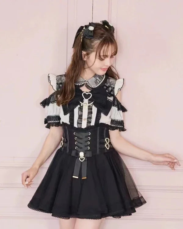 Japanese Liz Mine Women's Shirt Summer Off Shoulder Big Bow Short Sleeve Top Cute Girl BlousesHigh Waist Skirt 2 Piece Skirt Set SS69