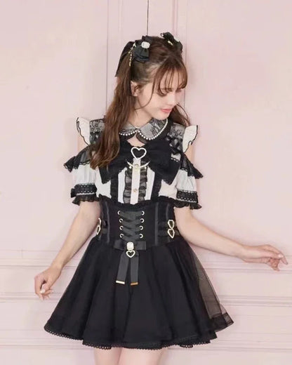 Japanese Liz Mine Women's Shirt Summer Off Shoulder Big Bow Short Sleeve Top Cute Girl BlousesHigh Waist Skirt 2 Piece Skirt Set SS69