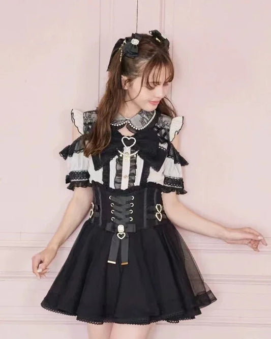 Japanese Liz Mine Women's Shirt Summer Off Shoulder Big Bow Short Sleeve Top Cute Girl BlousesHigh Waist Skirt 2 Piece Skirt Set SS69