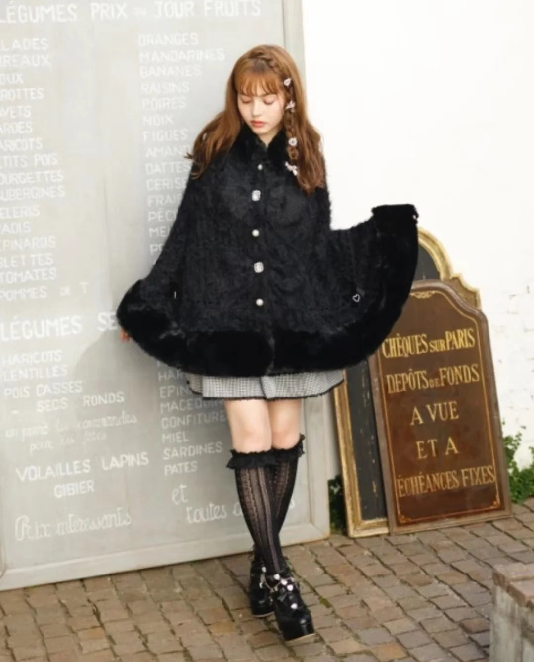 Godivana Lolita Faux Fur Cape Coat with Bow & Rhinestones