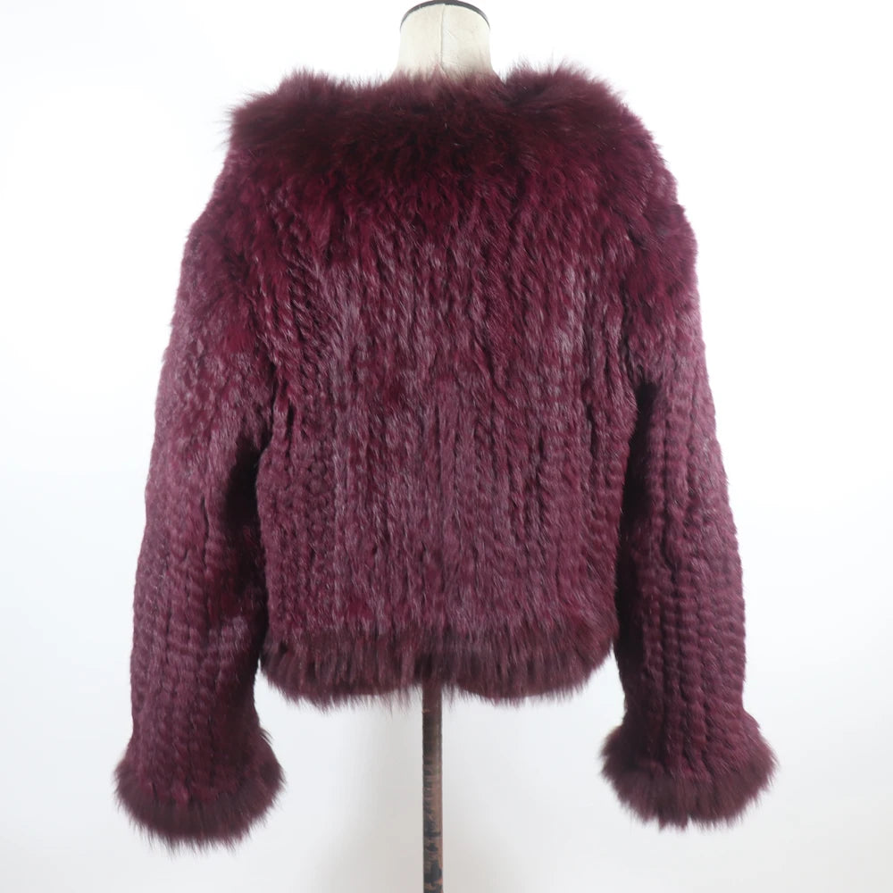 New Women Autumn Winter Knitted Real Rabbit Fur Coat 100% Natural Rabbit Fur Jacket With Fox Fur Collar Overcoat For Female
