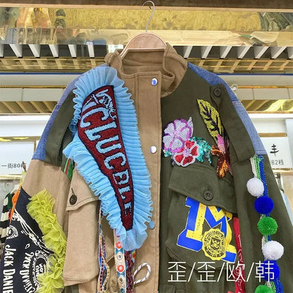 Women Floral Embroidery Sequined Trench Coats Mesh Spliced Ruffles Denim Jacket Hairballs Tassels Jeans Cardigan Streetwear Tops SS69