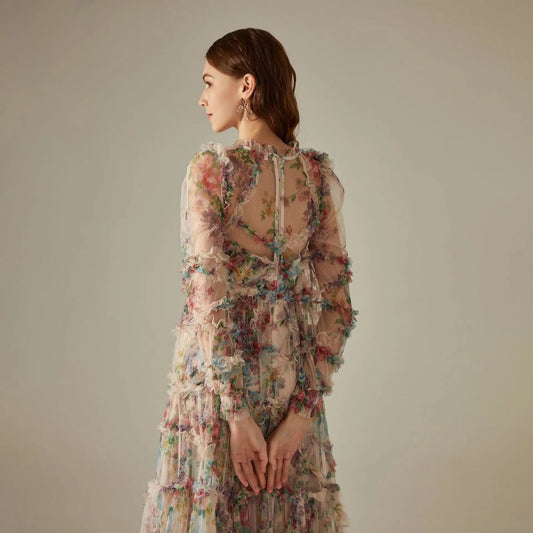 JAMERARY Fashion Floral Print Long Sleeve Maxi Dress For Women Summer Autumn Clothes Layers Ruffles Cake Dresses Evening SS69