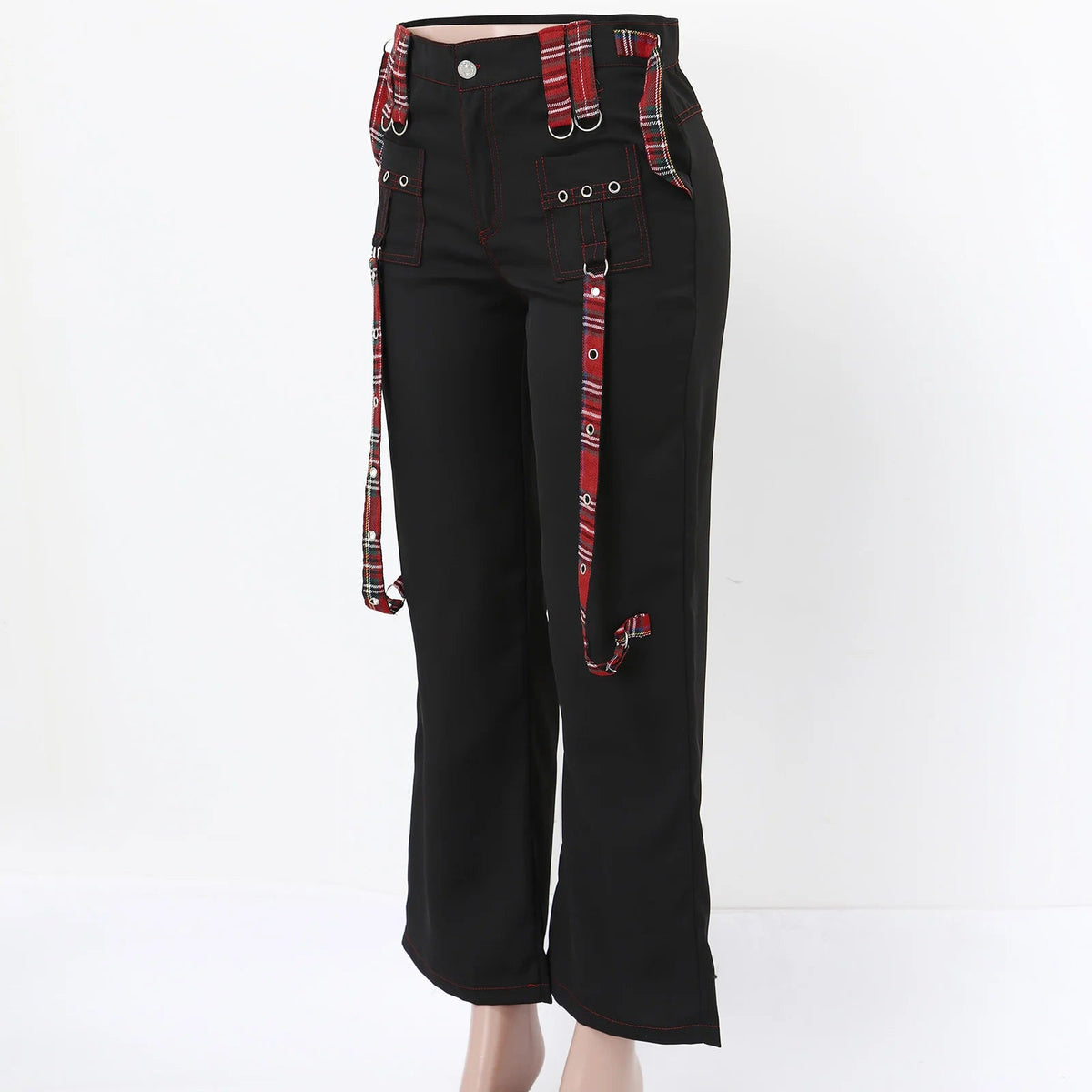 Streetwear Gothic Pants Women High Waist Y2k Punk Harajuku Red Plaid Ribbon Cargo Pants Summer Spring Slim Flare Pants Vintage SS69