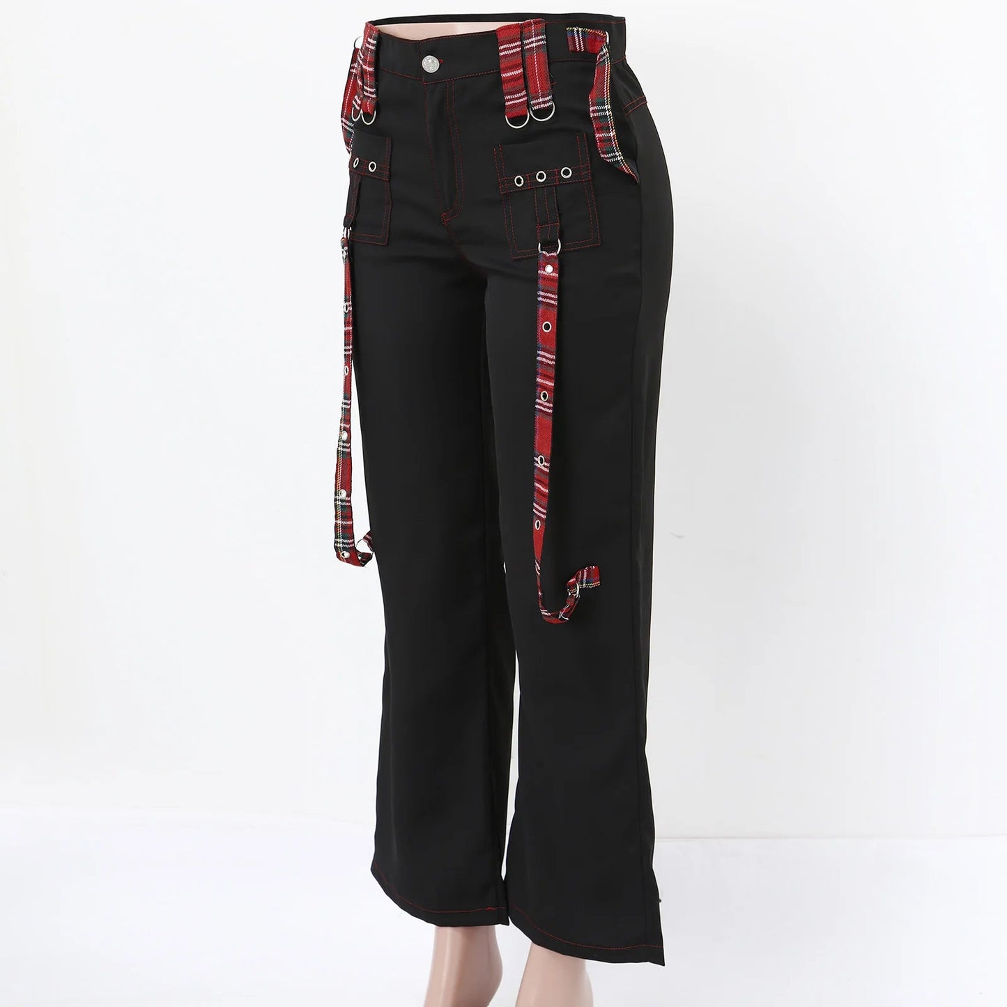 Streetwear Gothic Pants Women High Waist Y2k Punk Harajuku Red Plaid Ribbon Cargo Pants Summer Spring Slim Flare Pants Vintage SS69