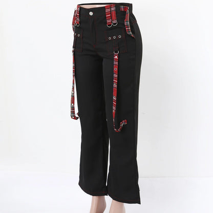 Streetwear Gothic Pants Women High Waist Y2k Punk Harajuku Red Plaid Ribbon Cargo Pants Summer Spring Slim Flare Pants Vintage SS69