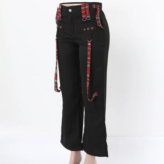 Streetwear Gothic Pants Women High Waist Y2k Punk Harajuku Red Plaid Ribbon Cargo Pants Summer Spring Slim Flare Pants Vintage SS69