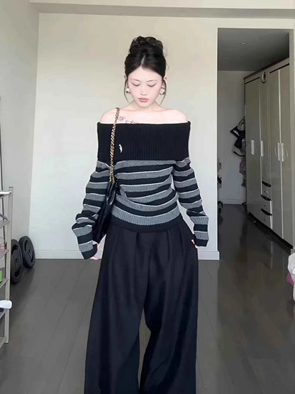 2025 Autumn Winter Women Long Sleeve Slash Neck Striped Cuddly Sweater Knitwear 2000s Jumper Gyaru Coquette Korean Fashion New