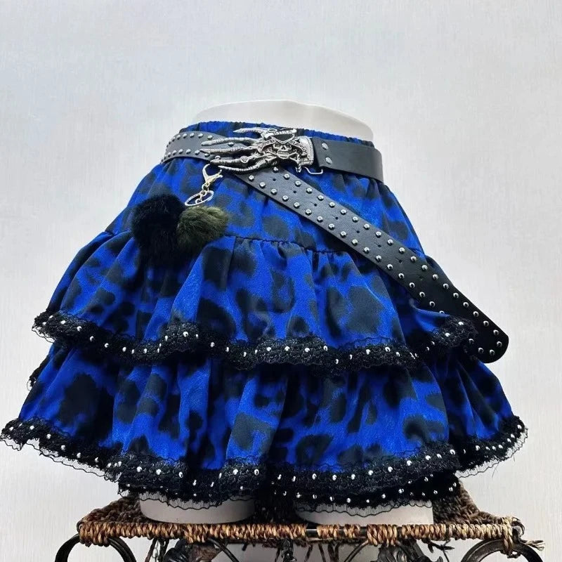 Y2k Japanese Vintage Lolita Style Short Party Skirts Women Gothic Leopard Print Mini Skirts Streetwear Harajuku Punk Skirt Chic