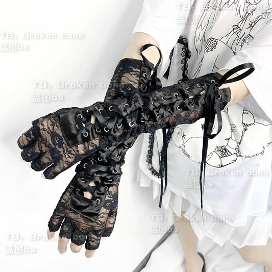 Japanese lolita lace long arm sleeve sweet cool girls lace-up mesh bandage white black arm warmers gloves SS69