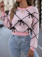 2026 Fashion Contrasting Bow Knitted Sweaters Autumn Winter Casual Round Neck Lantern Long Sleeve Tops for Woman Valentine's Day