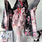 6pcs Traditional Japanese Kimono Robe Kawaii Pink Sakura Printed Bowknot Lolita Dress Halloween Party Geisha Cosplay Costumes