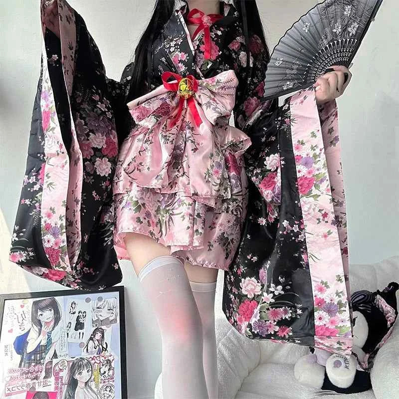 6pcs Traditional Japanese Kimono Robe Kawaii Pink Sakura Printed Bowknot Lolita Dress Halloween Party Geisha Cosplay Costumes