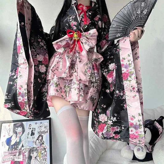 6pcs Traditional Japanese Kimono Robe Kawaii Pink Sakura Printed Bowknot Lolita Dress Halloween Party Geisha Cosplay Costumes
