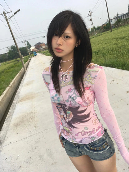 Karrram Japanese Y2k Anime Print Mesh Tops 2000s Aesthetics Pink Sheer Top Vintage Harajuku Kawaii See Through T-shirt Lolita SS69