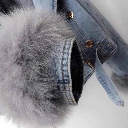 Women Faux Fox Fur Collar Jean Coat Winter Denim Jacket Female Short Warm Parkas Rabbit Hair Lining Outwear Fashion Overcoat