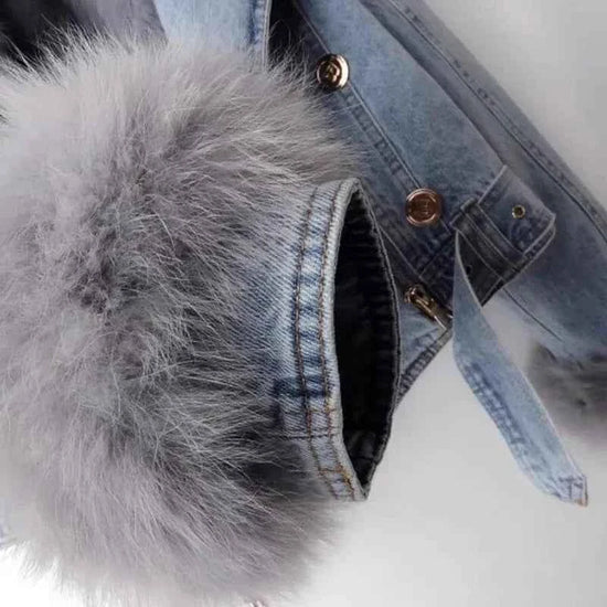 Women Faux Fox Fur Collar Jean Coat Winter Denim Jacket Female Short Warm Parkas Rabbit Hair Lining Outwear Fashion Overcoat