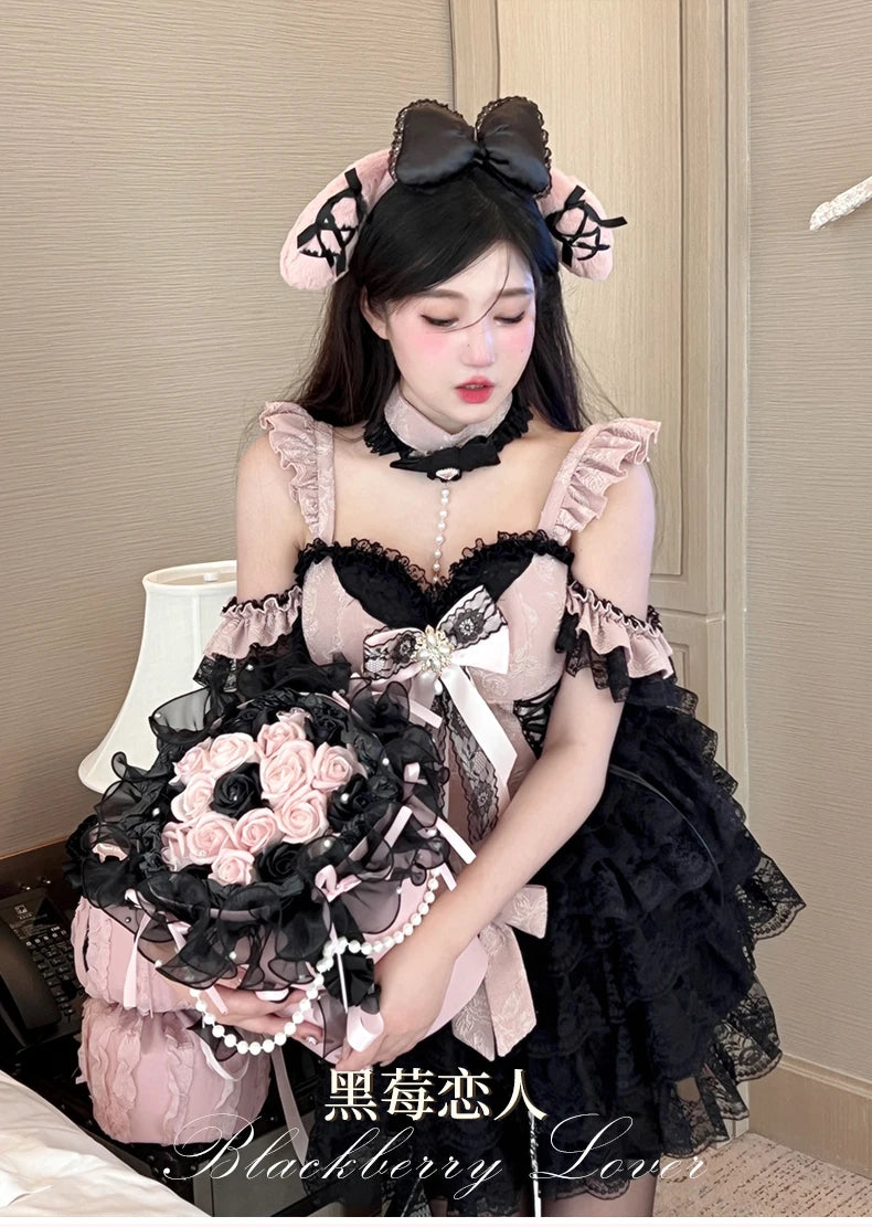 2024 New Spring Summer Ladies Exquisite Lace Skirt Suit Lolita Sweet Womens Black Pink Bow Tube Top Sling Short Cake Skirt Set SS69