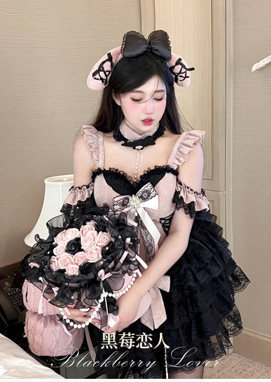 2024 New Spring Summer Ladies Exquisite Lace Skirt Suit Lolita Sweet Womens Black Pink Bow Tube Top Sling Short Cake Skirt Set SS69